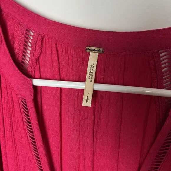 Free People Dress Womens Small Pink Boho Peasant Deep V Long Sleeve Tunic Lace - Picture 3 of 6